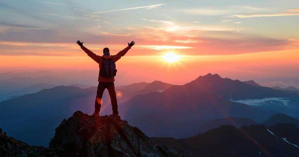 We see the silhouette of a person standing on top of a mountain while the sun rises