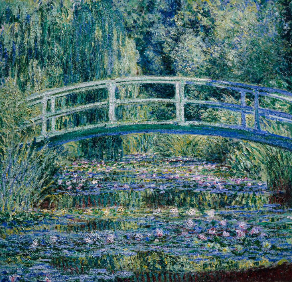 Impressionist painter Claude Monet's painting Water Lilies and Japanese Bridge, 1899, Princeton University Art Museum, New Jersey, USA.