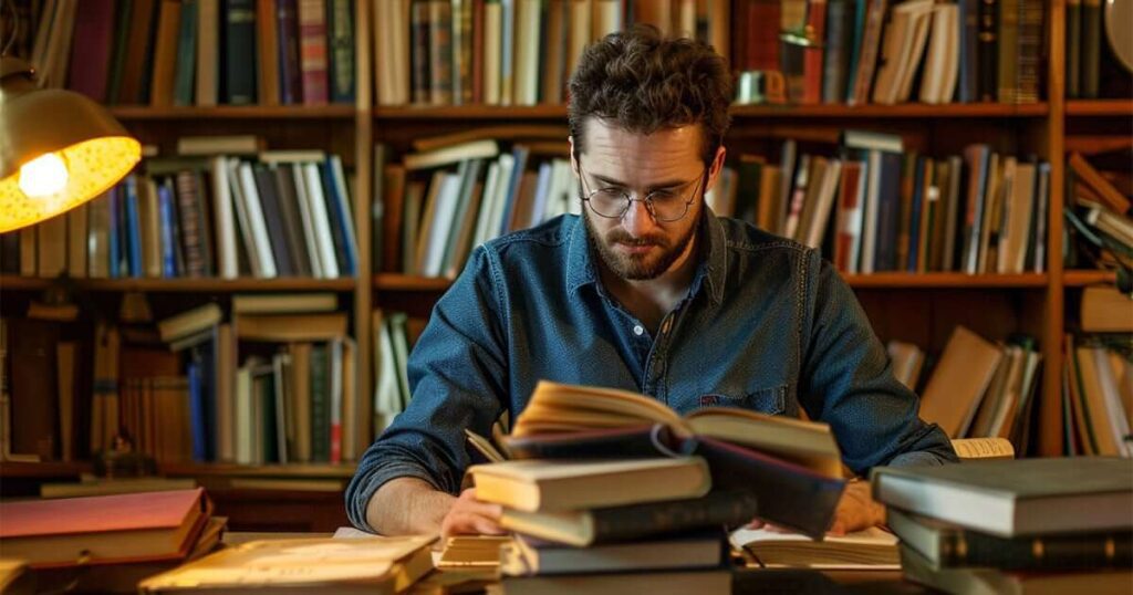A man studies in a library with a pile of books beside him