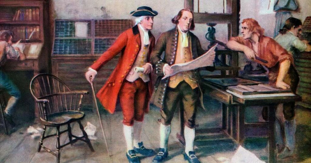 An painting depicting the original post office created by Benjamin Franklin