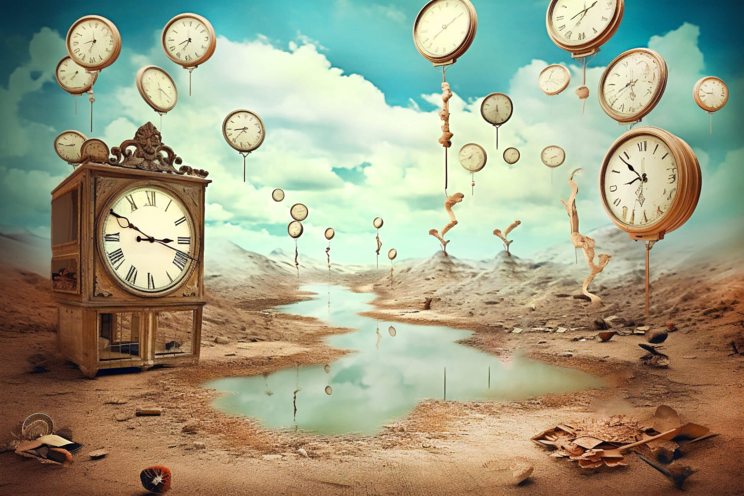 A surrealist painting with floating clocks