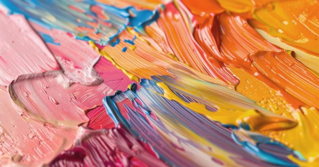 close up of a highly textured, brightly colored oil painting
