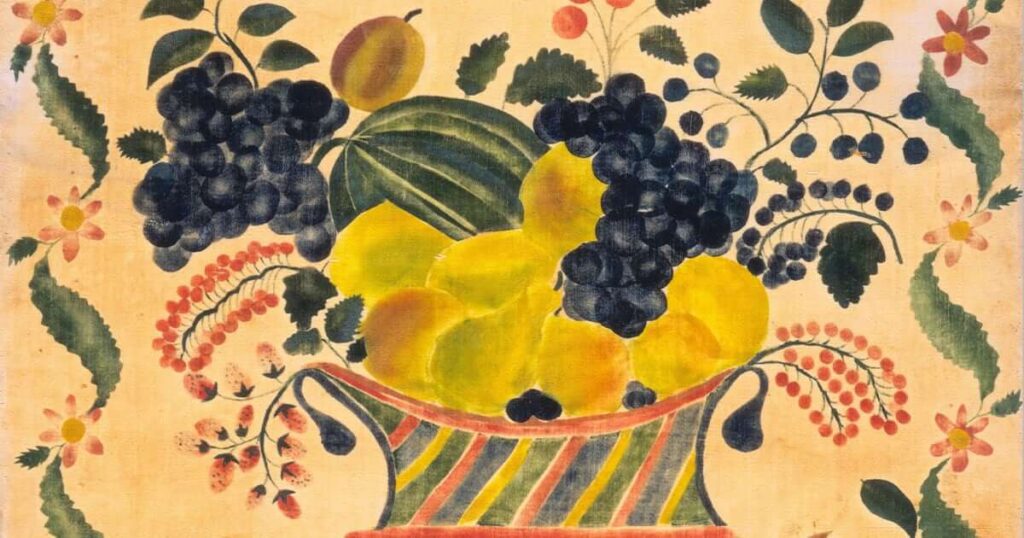 A watercolor painting of a bowl of fruit