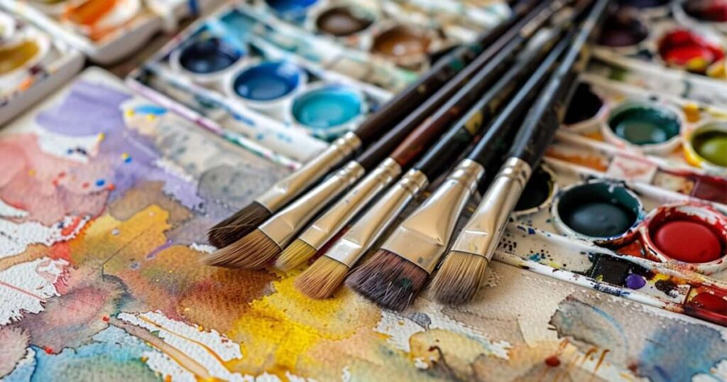 Watercolor paint brushes and watercolor paints