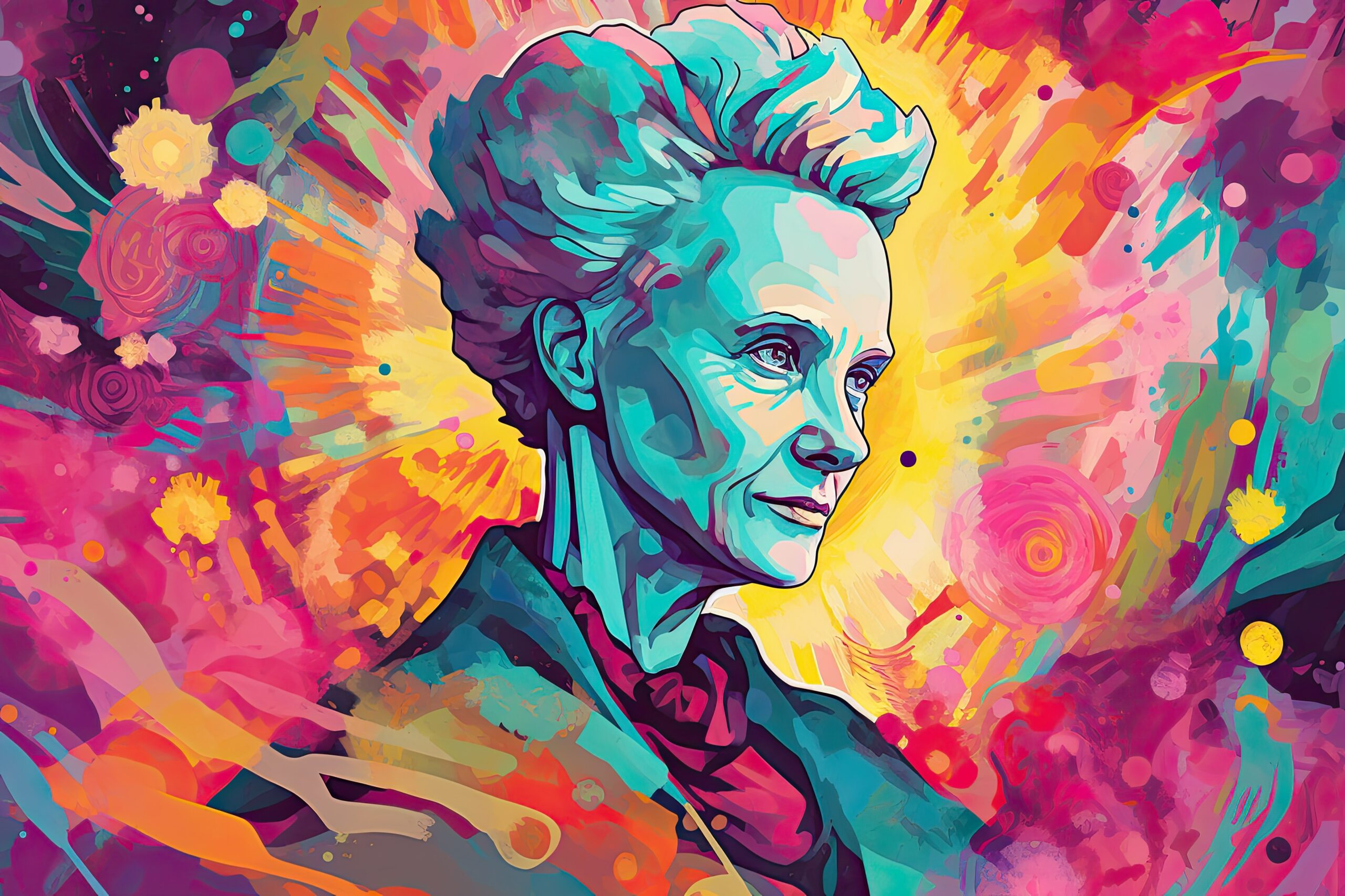 Marie Curie, Famous scientist radioactivity, Colorful psychadelic illustration, Generative AI